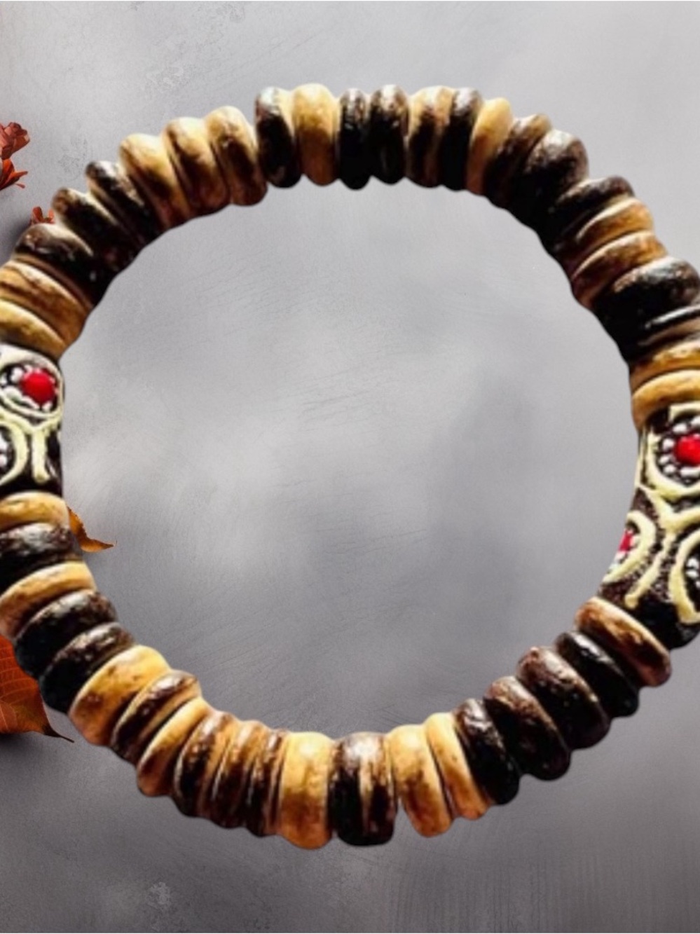 Handmade Beaded Stretch Bracelet Wood And African Trade Beads 8" Man Woman New